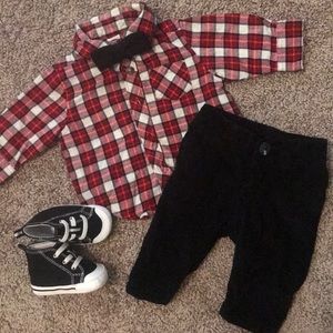 Red shirt and black pants